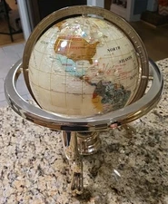 Precious Gemstone Table Top World Globe With Brass Stand And Compass