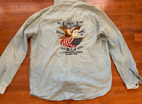 Ralph Lauren Polo Mens Denim Embroidered Flag Eagle Home Of The Brave Shirt XL