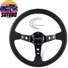350mm 14 Universal 4 Deep Dish Genuine Leather 3 Pokes Racing Steering Wheel