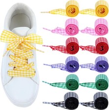 6 Pair Satin Ribbon Shoe Laces for Sneakers, Colored Gingham Flat Shoelaces for