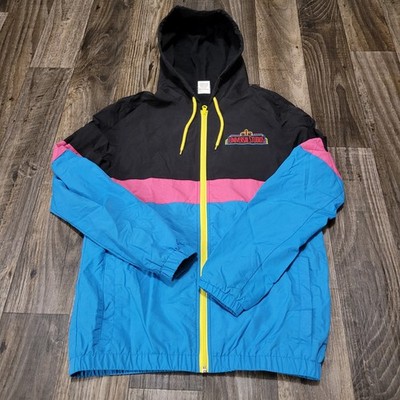 Universal Studios Jacket Mens Small Black Blue Hooded Windbreaker Neon Logo