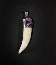 Ciondolo dente di coccodrillo ovale ametista artigianale argento sterling 925 incastonato 