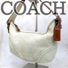 Coach White Signature Hobo Bag Leather Canvas Women's Shoulder Authentic