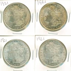 Goup of 4 1921 Morgan silver dollars, mint state 90% silver