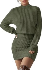 Velvelhall Army Green Knit Midi Sweater Dress Long Sleeve Striped XSmall 