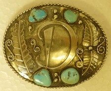 Vintage Native American Sterling Silver Turquoise Belt Buckle, Signed Barney