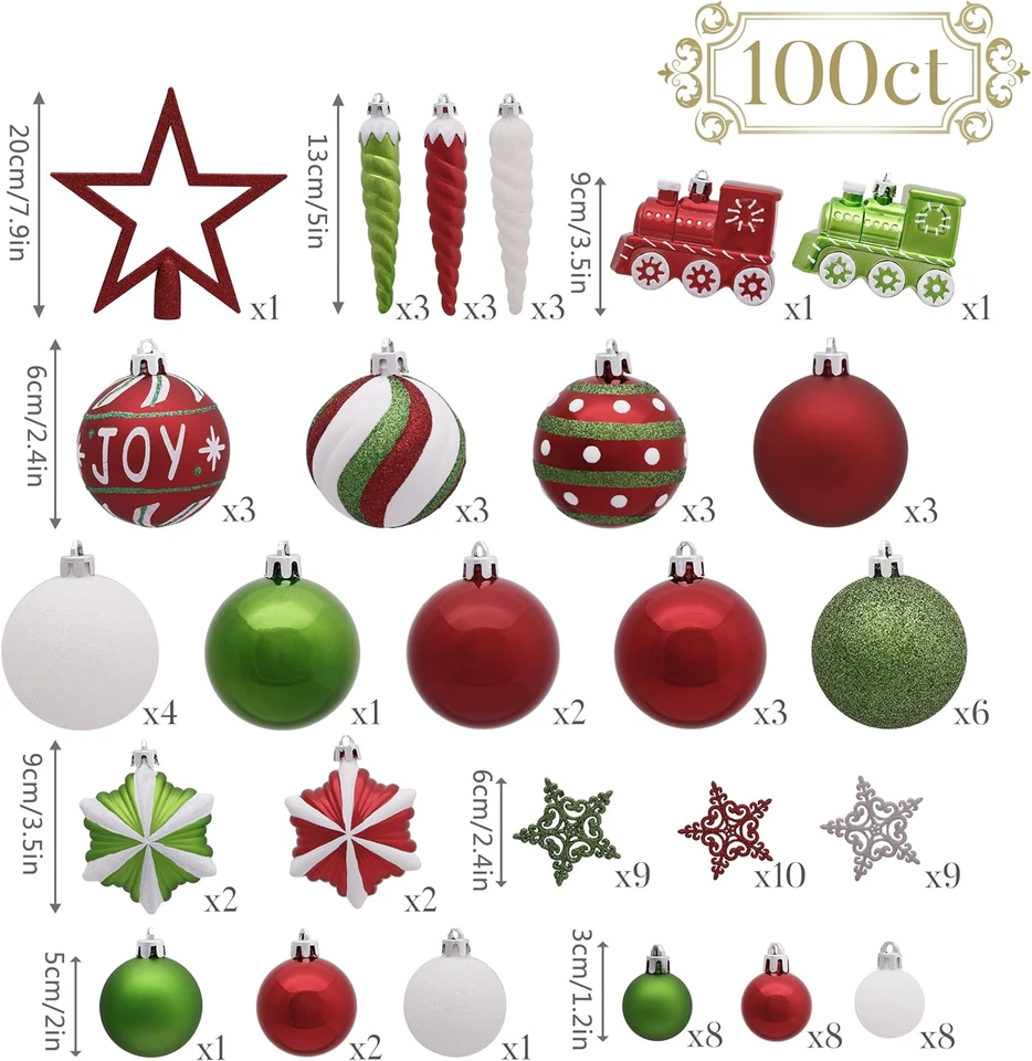 Juego de adornos de bolas de Navidad de 100 quilates rojo verde blanco decoración irrompible Foto 3 de 4