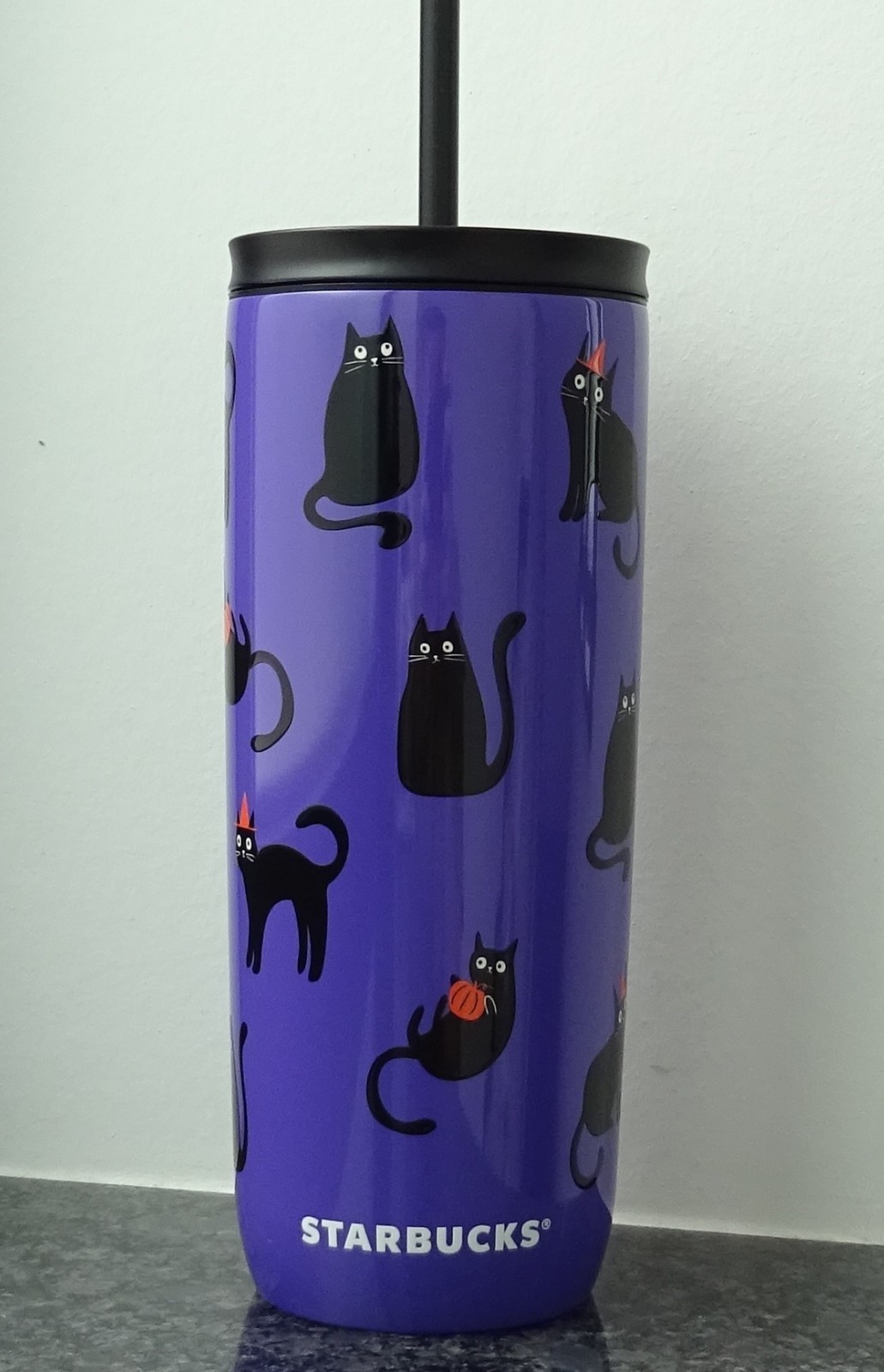 Starbucks Tumbler Cold Cup S.S. Autumn Europe Cats Purple-Bl. Halloween 17oz NEW