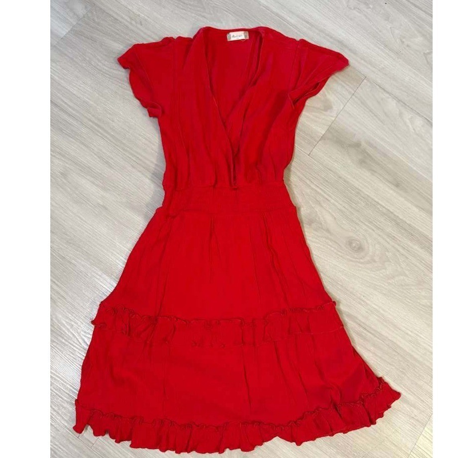 Altar State Red Ruffled Tiered Midi Dress XS Wrap V Neck Short Sleeve