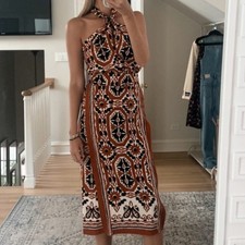Sezane Jarred Yoana Cotton Halter Slit Print Midi Dress