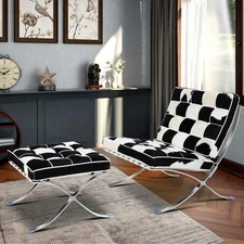 Mid-century Lounge Chair Fur Leather Cushion With Foldable Frame Ottoman Include