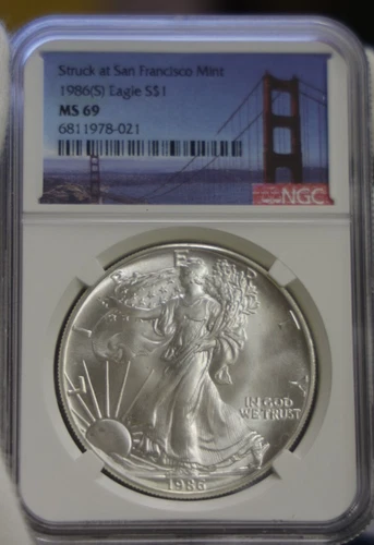 1986 S US Silver Eagle $1 NGC MS69 1 st Year SF Mint Bridge Label