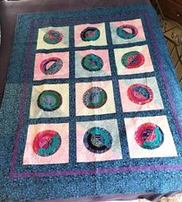 Handmade Quilt - Blue/purple/teal - Square Blocks / Circle  54" x 66" 