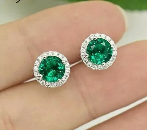 4Ct Lab Created Emerald Push Back Halo Stud Earrings 18K White Gold Plated - Picture 2 of 3