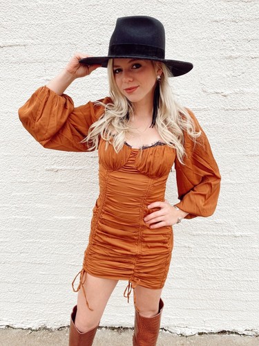 NEW ASTR The LABEL Bronze MARDI Long Sleeve RUCHED Lace Trimmed MINI DRESS M - Picture 12 of 19