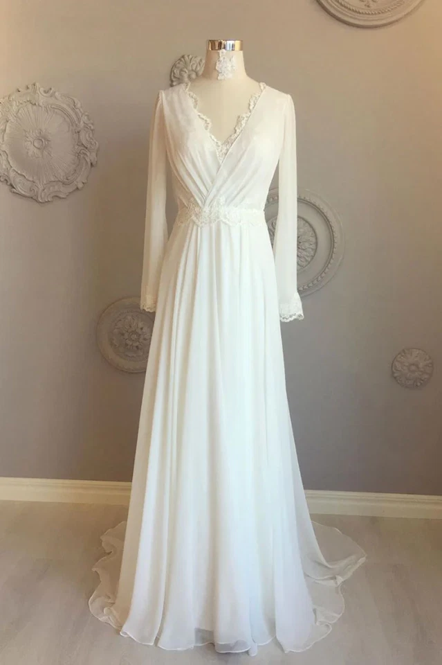 Chiffon Wedding Dresses with Long Sleeves Lace Appliques A Line Bridal Gowns - Image 3 of 4