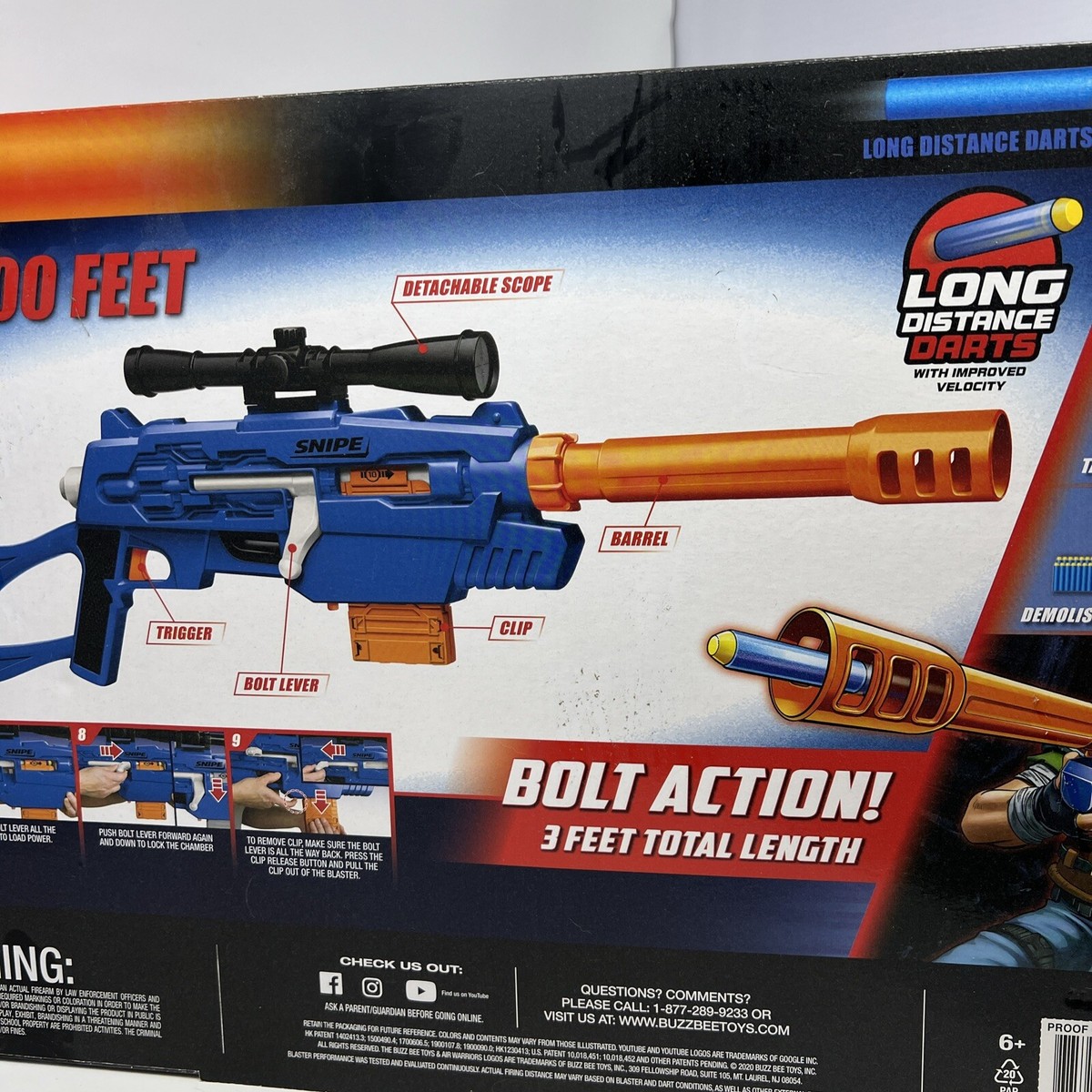 Buzz Bee Toys Gun Air Warriors SNIPE Blue Blaster w/ Clip, Barrel Scope
