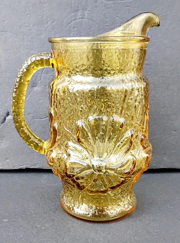 Anchor Hocking Rain Flower Daisy Amber Glass Juice Water Pitcher Vintag 8"