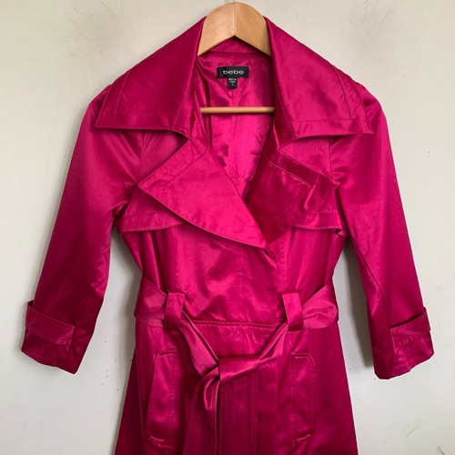 bebe Coat Fuchsia Single Breasted Removable Belt Slim Fit 3/4 Sleeve Lined Sz S - Picture 5 of 10