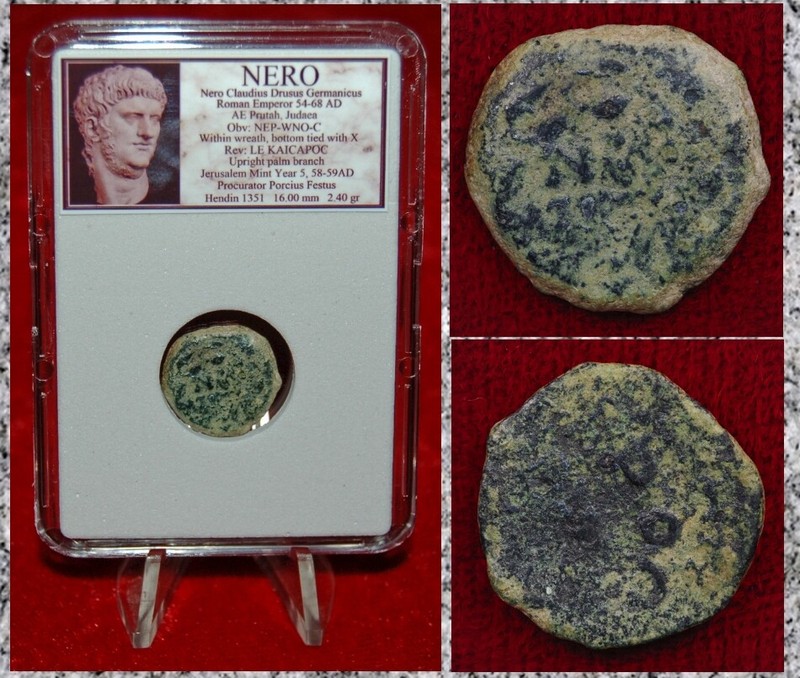 Ancient Judaean Coin Of NERO Bronze Prutah Jerusalem Mint 58-59AD Wreath Palm