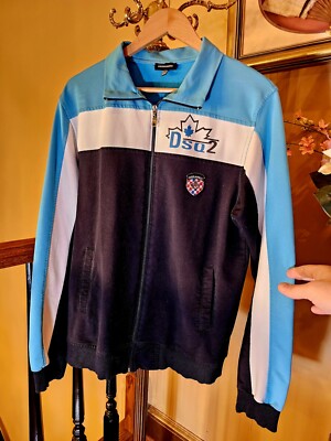 DSQUARED2 Logo Print Color Block Zip Up Jacket White/Turqoise Blue/Navy $1,225