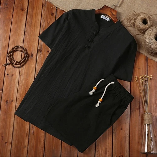 Mens Shorts Cotton Linen Summer Outfit 2-Piece Set Short Sleeve T Shirts and - Bild 7 von 14