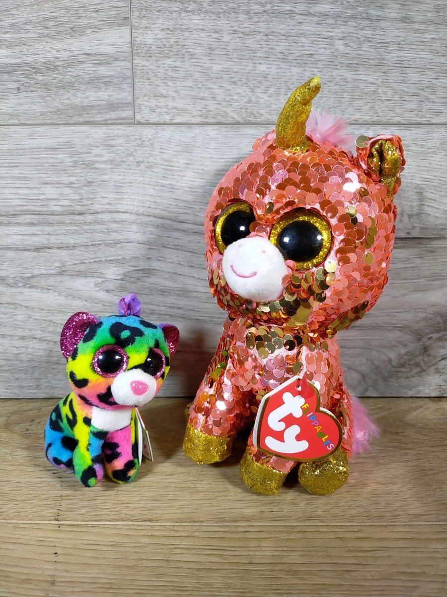 NEW TY BEANIE BABY Flippable SUNSET Unicorn Boo Rainbow DOTTY Keyring 2019