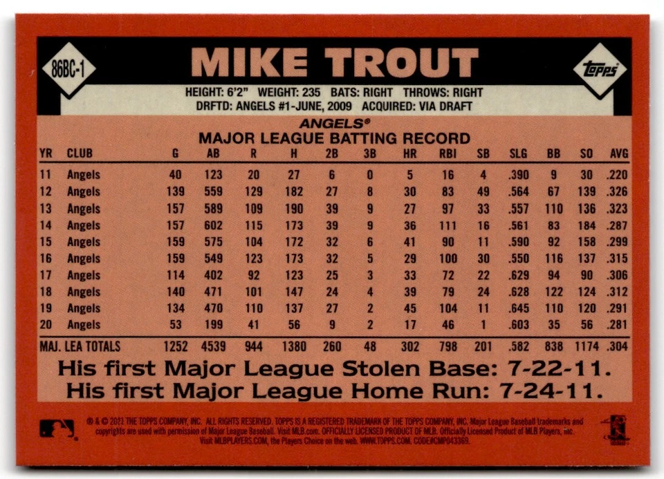 2021 Topps Chrome '86 Mike Trout #86BC-1 Los Angeles Angels - Image 2 of 2