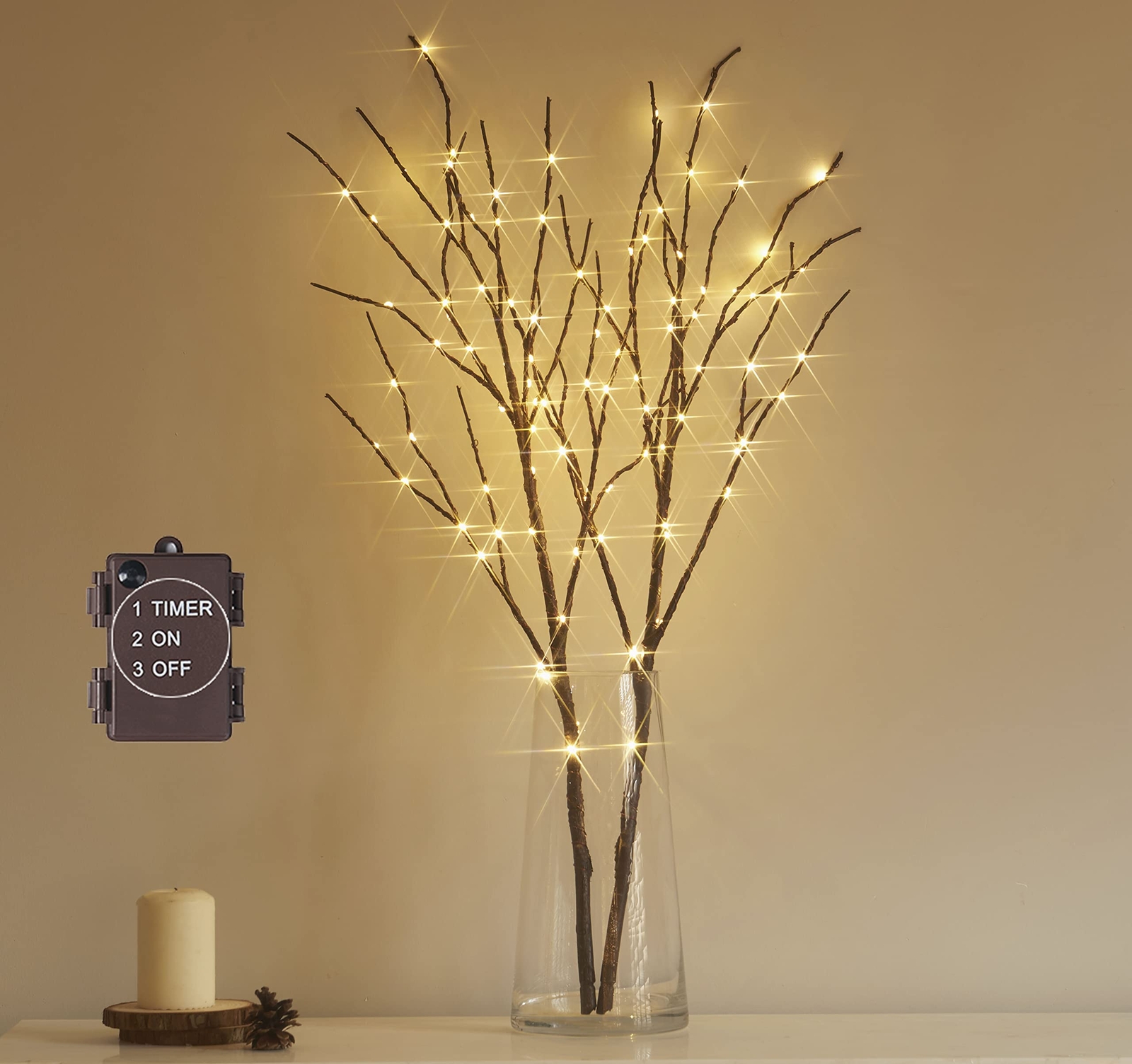 Lighted Brown Branches Battery Operated with Timer 30IN 100 LED Fairy Lights,...