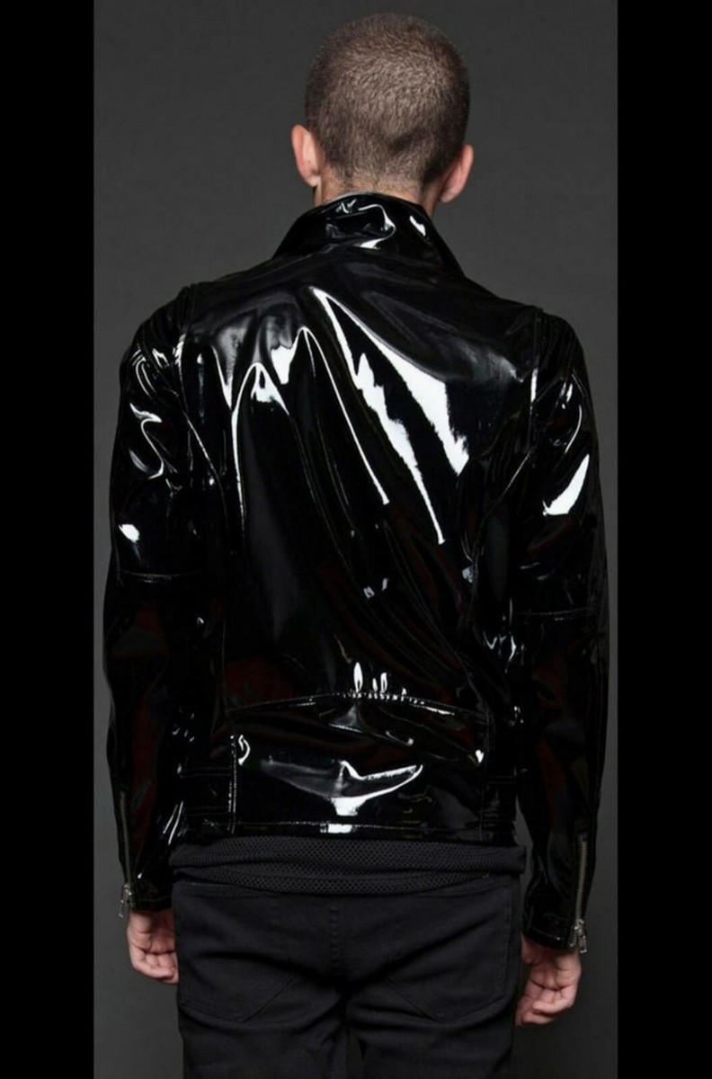 New Men Gothic Moto Black Vinyl PVC Motorcycle Jacket Leather Punk