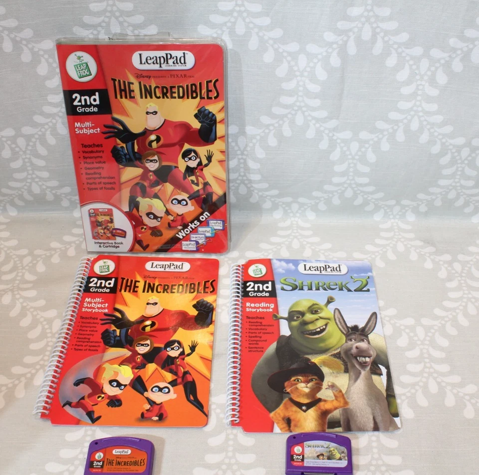 Leap Frog LeapPad SHREK 2 & THE INCREDIBLES Book & Cartridge 2nd Grade Lot of 2 - Image 2 of 4