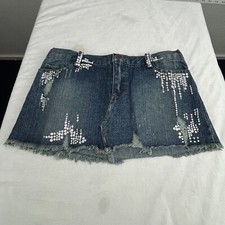 Moon Raw Hem Denim Sequin Mini Jean Skirt Size Large Blue Distressed Five-Pocket