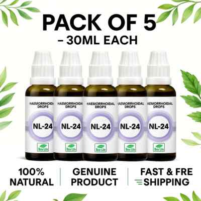 New Life NL-24 Haemorrhoidal Drops | Homeopathic | Pack of 5 | 30ml Each | USA