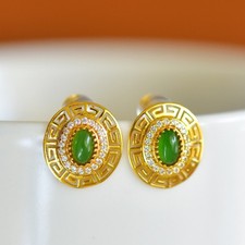 S925 Silver Green Jade Greek Key Stud Earrings With CZ Halo