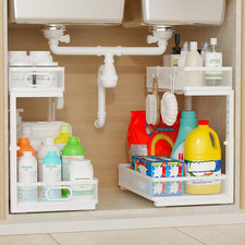 Under Sink Organizer 2 Pack, 2-Tier Slide Out Cabinet Organizer with Metal Slidi