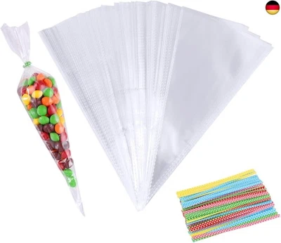 BESUCHE DEN FYGUARD-STORE 100 Stück Spitztüten Transparent, 13 x 25cm Süßigkeiten Tüten mit Bindebänder Ce