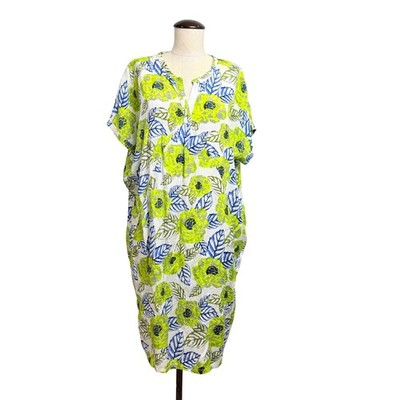 Masai Women Floral Viscose Midi Dress Lime Green Blue Short Sleeve Size M