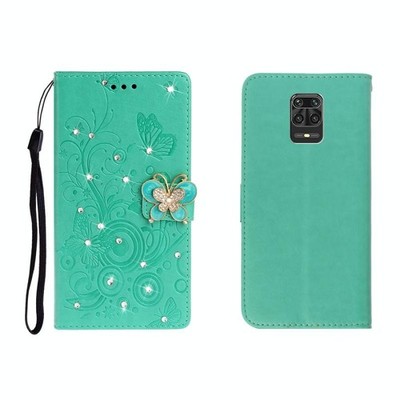 Xiaomi Redmi Note 9 Pro grüne Ledertasche mit Schmetterlingsrelief, Slot