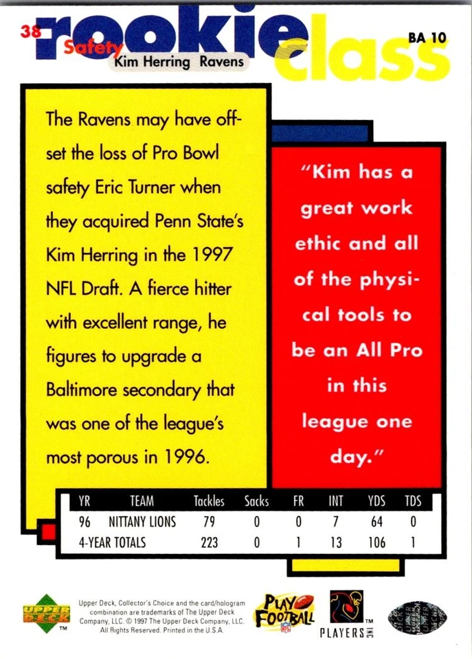 Kim Herring 1997 Collector's Choice #38 Rookie Baltimore Ravens - Image 2 of 2