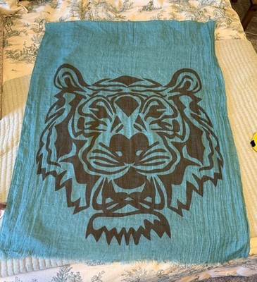 Nadine West Cotton Long Scarf Turquoise W/Tiger Heads  NWT 