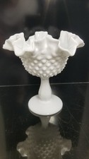 Fenton Glass Ruffled Crimped Compote Hobnails White Milk 6 1/4" 0803