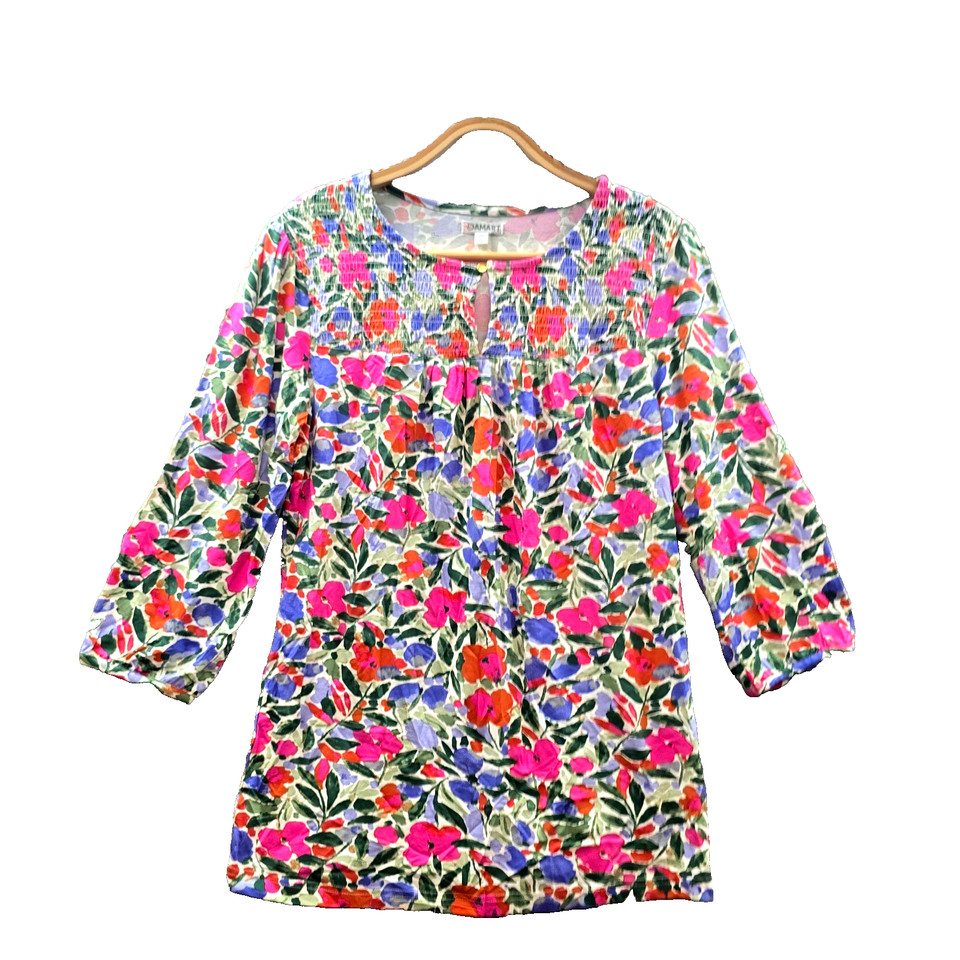 Damart Top Womens Blouse Size 8 Multicoloured Floral Stretch Knit Smocked