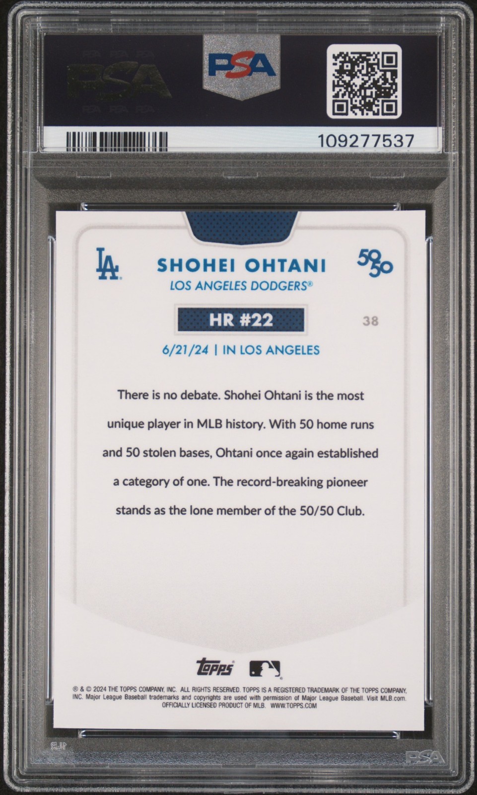 SHOHEI OHTANI PSA 10 2024 TOPPS 50/50 #38 CHROME BLACK REFRACTOR HR #22 GEM 2/10 view 2