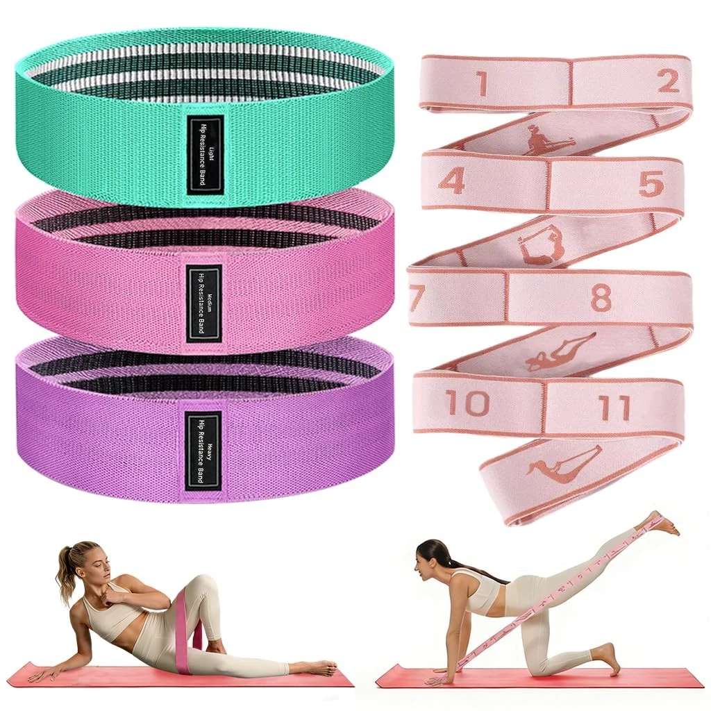 2-in-1 Fabric Resistance Bands Set & 12-Loop Numbered Elastic Stretching Stra...