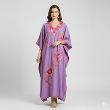 Embroidered Womens Kashmiri Caftan Lilac color Georgette Cruise Wear KaftanL-57"