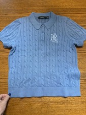 Ralph Lauren Size L Blue Black Label Short Sleeve Cable Knit Polo Sweater