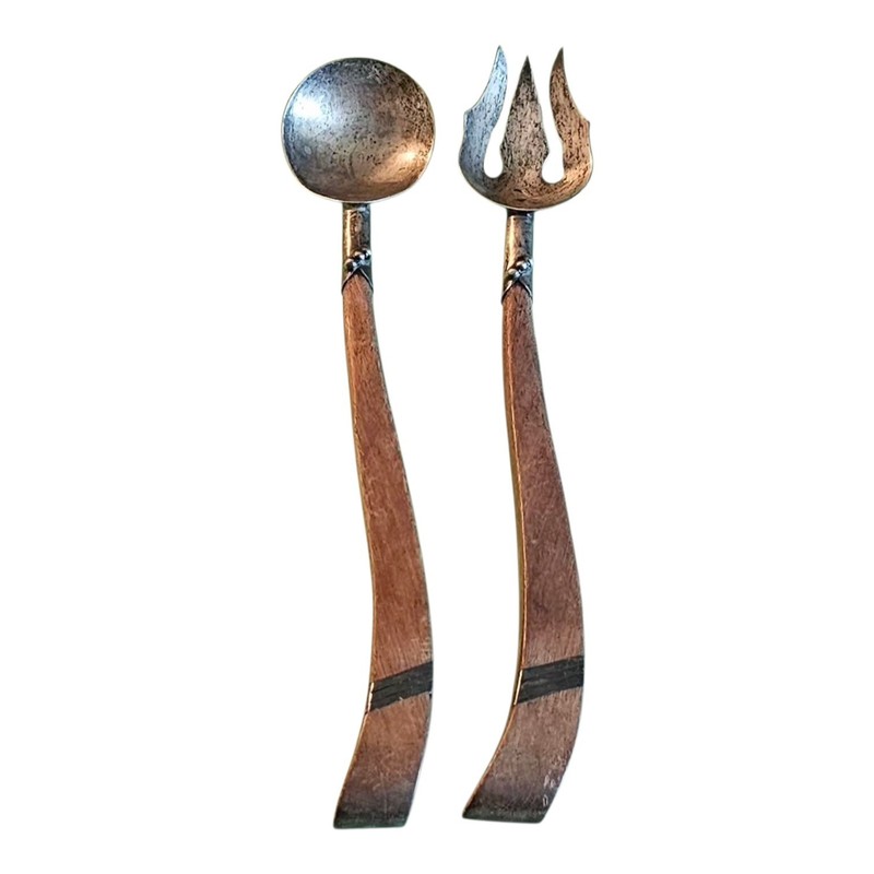 Taxco Mid Century 925  Sterling Wood Fork & Salad Spoon Set 