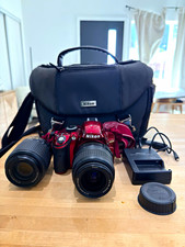 Nikon D3200 Red 24.2MP DSLR w/ 18-55mm  55-200mm Lenses Charger Bag