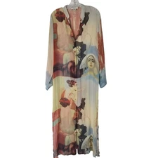 Citron Santa Monica Silk Sz L Chiffon Art Print Long Kimono Duster Maxi Coat