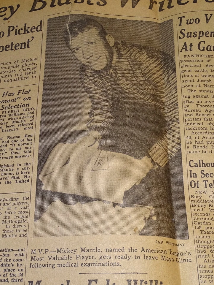 Nov. 23, 1957 Mickey Mantle Named A.L. MVP (RAGGED/POOR newspaper clipping) - Image 3 of 3